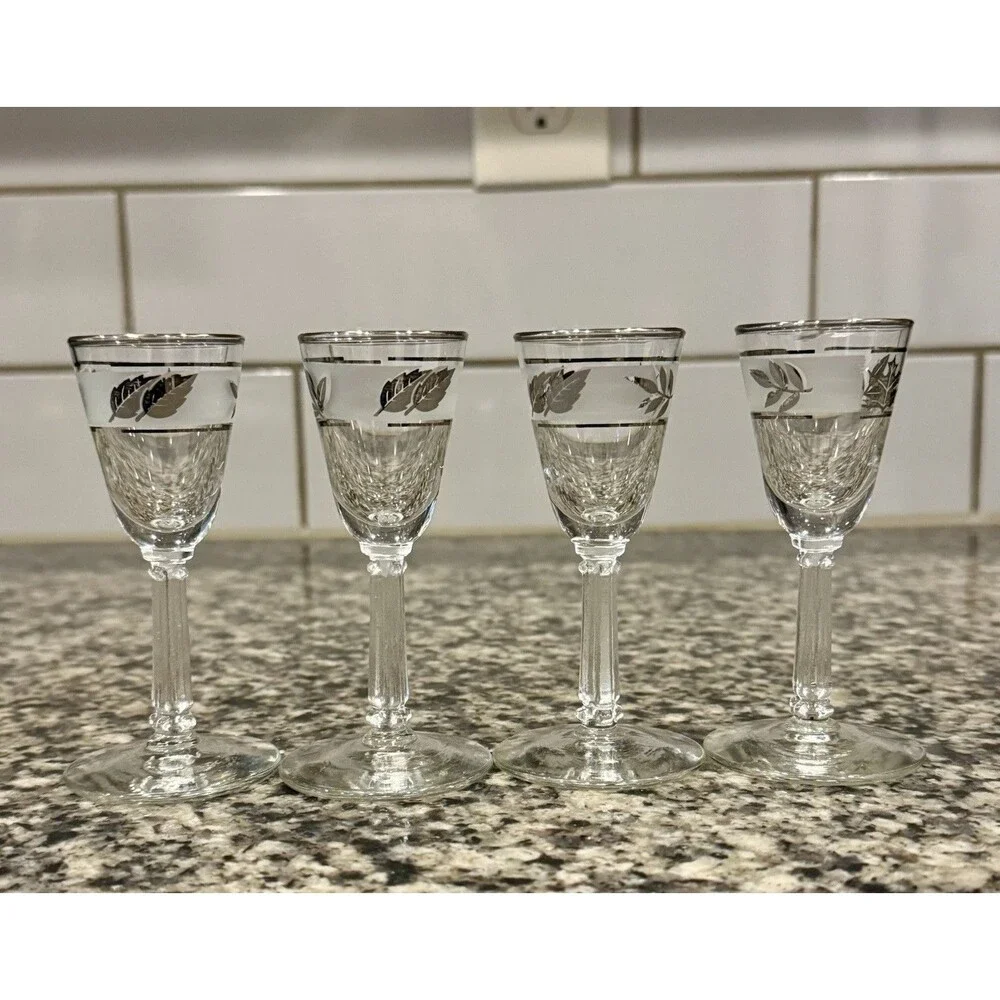 4 LIBBEY SILVER LEAF CORDIAL SHOT GOBLETS FOOTED STEMMED
